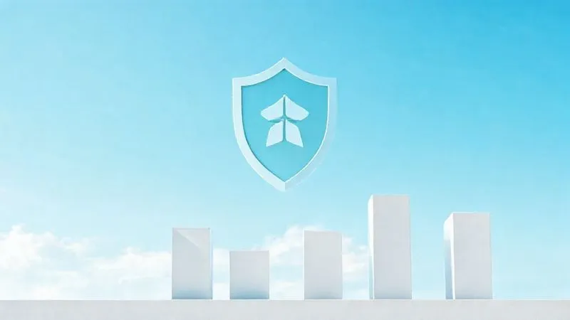 A photorealistic abstract representation of financial growth and security, with a series of ascending bar graphs and a strong, protective shield icon overlaid, set against a backdrop of a clear, bright sky. The aesthetic is clean, modern, and optimistic, with soft, professional lighting. Shot on a high-end DSLR, 8K hyper-detailed, professional photography.