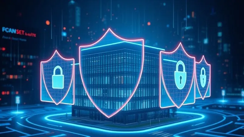 photorealistic, professional photography, 8K, cinematic lighting, sharp focus, depth of field, shot on a high-end DSLR, a series of transparent, glowing digital shields layered around a central corporate building, each shield representing a different cybersecurity measure (firewall, encryption, MFA, training), conveying multi-layered defense and comprehensive protection, against a backdrop of swirling digital threats, emphasizing resilience.