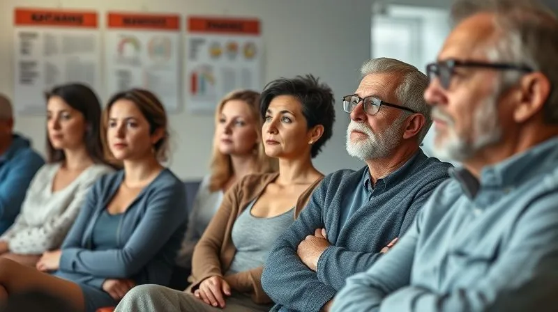 A diverse group of homeowners (a young couple, a single parent, an elderly gentleman) attentively listening to a real estate or insurance expert (blurred in the foreground) during a community workshop on home maintenance and smart insurance practices. The room is modern and inviting, with informative charts on the walls. Photorealistic, professional photography, 8K, cinematic lighting, sharp focus on the audience's engaged faces, depth of field blurring the background, shot on a high-end DSLR.