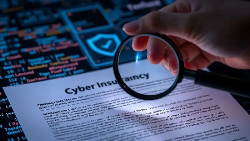photorealistic, professional photography, 8K, cinematic lighting, sharp focus, depth of field, shot on a high-end DSLR, a hand holding a magnifying glass over a complex, detailed cyber insurance policy document, highlighting specific clauses and benefits, with a background of glowing digital code and a subtle protective shield icon.
