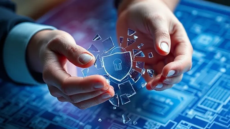 photorealistic, professional photography, 8K, cinematic lighting, sharp focus, depth of field, shot on a high-end DSLR, a person's hands delicately piecing together fragments of a shattered digital shield, symbolizing recovery and rebuilding security after a cyber incident, with a blueprint of a new, robust digital defense system in the background.