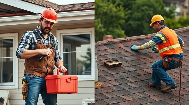A photorealistic image showing two contrasting scenarios: on the left, a homeowner confidently tackling a minor repair with a toolbox; on the right, a skilled contractor safely working on a complex roof repair, with the homeowner observing with relief. Professional photography, 8K, cinematic lighting, sharp focus on both scenes, depth of field blurring the background, shot on a high-end DSLR.