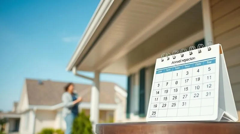 A photorealistic image showing a well-maintained home with a clear, blue sky, a homeowner happily checking their gutters, and a calendar prominently displayed on a nearby porch table with "Annual Home Inspection" highlighted. Professional photography, 8K, cinematic lighting, sharp focus on the homeowner and the calendar, depth of field blurring the background, shot on a high-end DSLR.