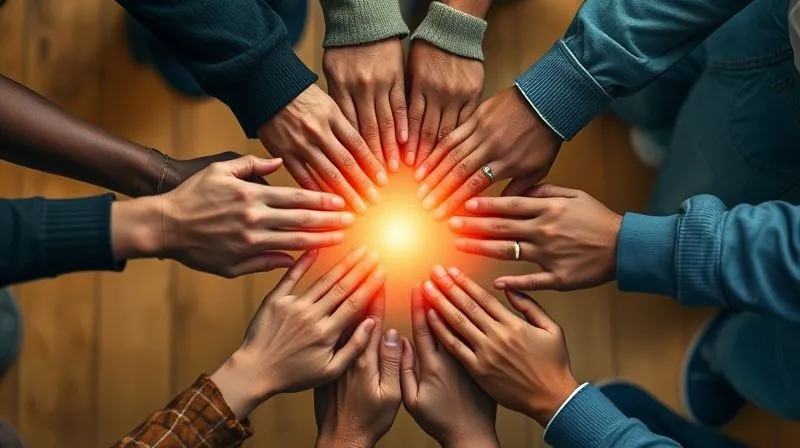 photorealistic, professional photography, 8K, cinematic lighting, sharp focus, depth of field, shot on a high-end DSLR. Diverse hands, male and female, of varying ages and ethnicities, gently clasped together in a supportive circle, with a subtle glow emanating from the center. The background is softly blurred, suggesting a warm, communal setting, emphasizing connection and mutual aid.