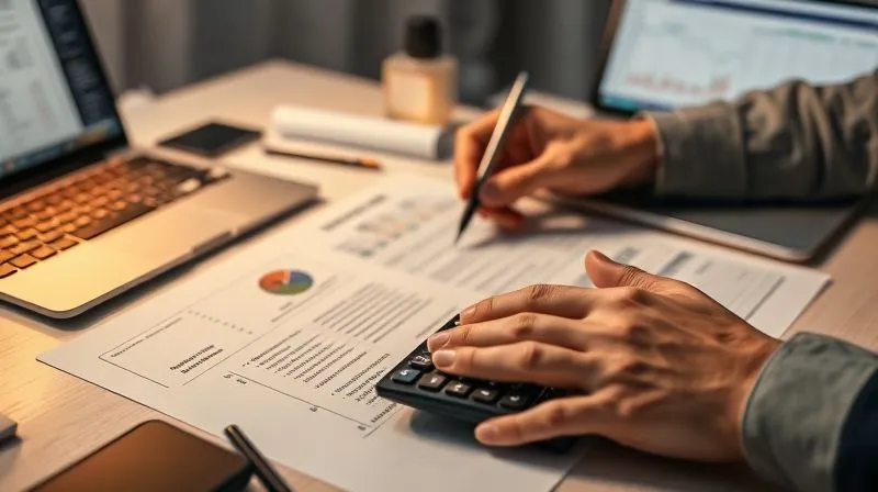 photorealistic, professional photography, 8K, cinematic lighting, sharp focus, depth of field, shot on a high-end DSLR, a person's hands meticulously organizing financial documents, with a calculator, a pen, and a laptop displaying a spreadsheet. The setting is a clean, organized desk, conveying a sense of control and foresight. Soft, warm lighting illuminates the scene.