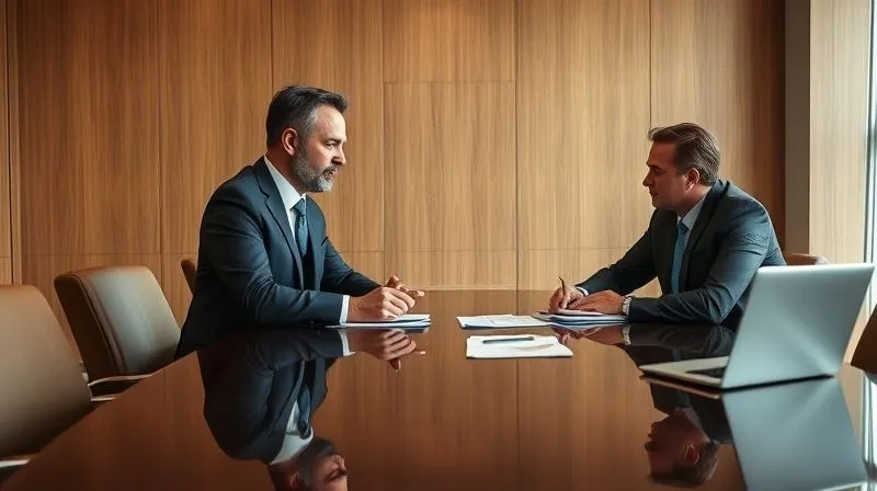 photorealistic, professional photography, 8K, cinematic lighting, sharp focus, depth of field, shot on a high-end DSLR, two professionals (one in a suit, one in business casual) engaged in a serious but constructive conversation across a polished conference table, with documents and a laptop open. The lighting is focused on their faces, conveying trust and focused discussion, symbolizing negotiation and legal consultation.