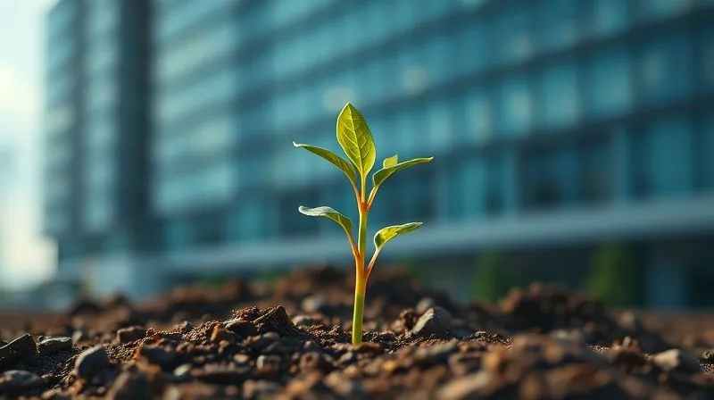 photorealistic, professional photography, 8K, cinematic lighting, sharp focus, depth of field, shot on a high-end DSLR, a vibrant green sapling growing robustly out of rich soil, symbolizing financial growth and resilience. In the background, a blur of stable, modern buildings, suggesting a secure future. The lighting is bright and optimistic, highlighting the new growth.