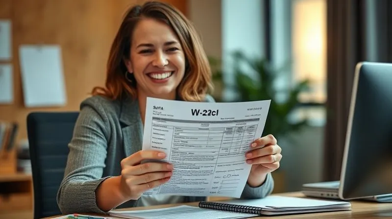 A photorealistic image of a woman, Sarah, smiling with relief as she holds a corrected W-2c form, having successfully navigated a complex financial challenge. Her desk is tidy, suggesting a resolved situation. The lighting is warm and optimistic, professional photography, 8K, cinematic lighting, sharp focus on Sarah and the document, depth of field blurring the background, shot on a high-end DSLR.