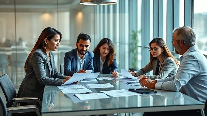Photorealistic image of a professional, diverse business team collaborating around a modern conference table, reviewing documents and discussing strategy, with a sense of calm competence, soft natural light, sharp focus, depth of field, 8K, shot on a high-end DSLR.