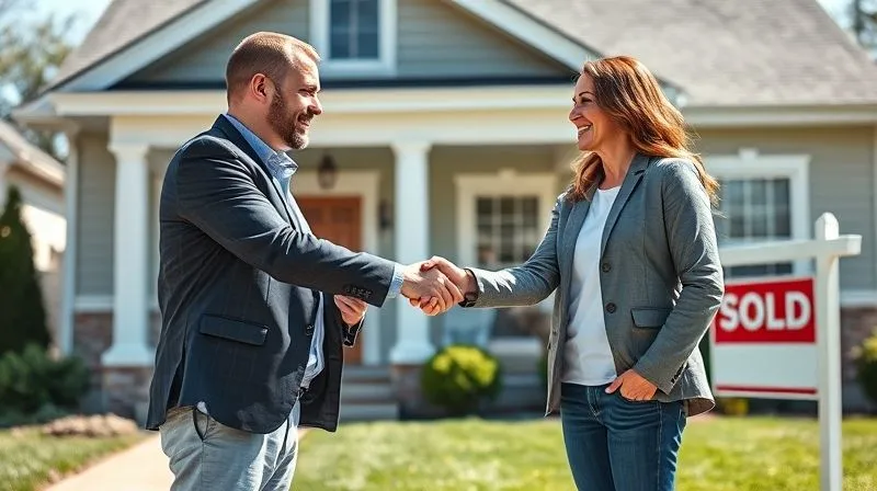 A photorealistic image of a mortgage broker shaking hands with a happy first-time home buyer couple in front of a new house with a sold sign. The scene is bright and optimistic, conveying success and trust. 8K, cinematic lighting, sharp focus, depth of field, shot on a high-end DSLR.