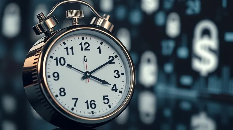 A photorealistic image of a ticking stopwatch with digital lock icons and dollar signs blurred in the background, conveying extreme urgency. Cinematic lighting, sharp focus on the stopwatch, 8K, professional photography, depth of field, shot on a high-end DSLR.