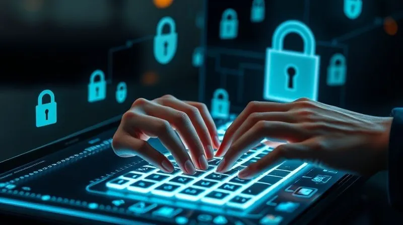 A photorealistic image of a person's hands meticulously typing on a glowing holographic keyboard, with various digital security icons (padlocks, shields) floating around, symbolizing comprehensive digital footprint protection. Cinematic lighting, sharp focus on the hands and keyboard, 8K, professional photography, depth of field, shot on a high-end DSLR.