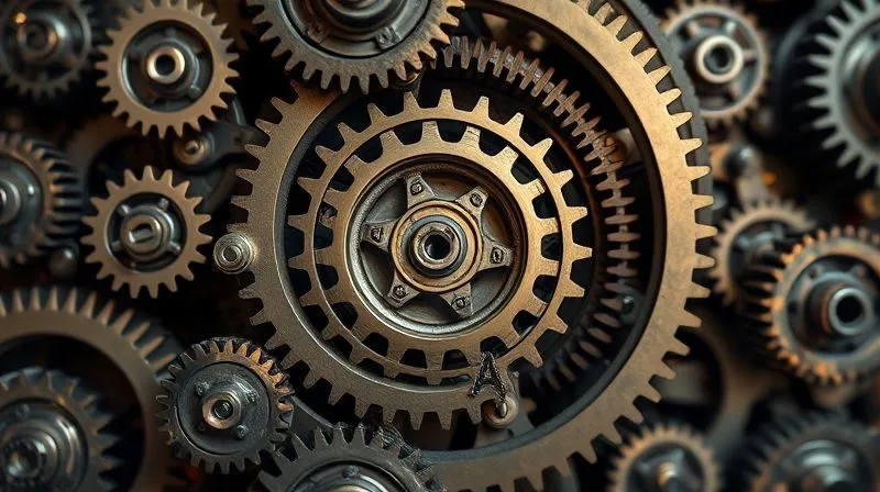 A photorealistic image of a complex, intricate network of gears and cogs, with one central gear visibly jammed or broken, causing a ripple effect of slowdowns and stoppages across the entire mechanism. Cinematic lighting, sharp focus on the broken gear, depth of field blurring the background. 8K hyper-detailed, professional photography, shot on a high-end DSLR.