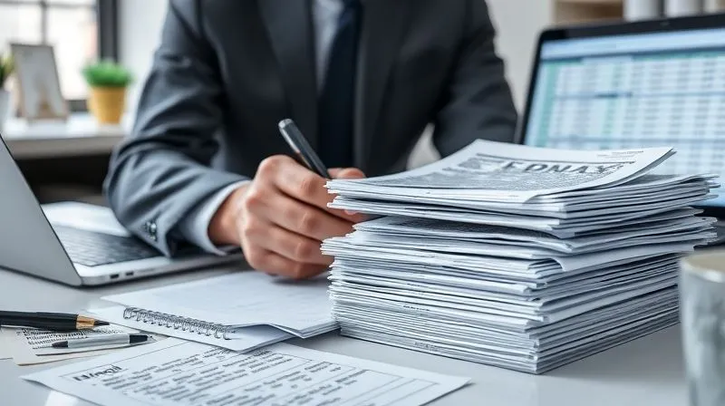A photorealistic, professional photography, 8K, cinematic lighting, sharp focus, depth of field, shot on a high-end DSLR. A business professional meticulously organizing and cross-referencing a stack of bank statements, emails, and handwritten notes on a clean desk, with a digital spreadsheet open on a laptop in the background. The scene conveys organization, diligence, and determination.