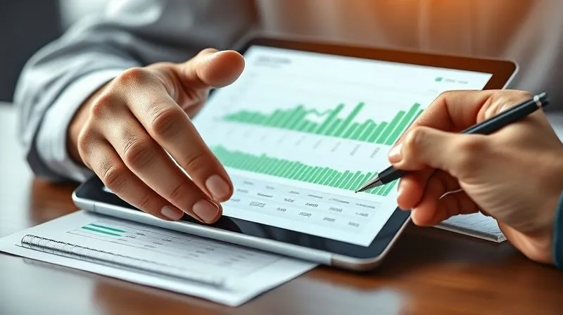 A photorealistic, professional photography, 8K, cinematic lighting, sharp focus, depth of field, shot on a high-end DSLR. A businessman's hand hovering over a tablet displaying a clean, intuitive financial dashboard with green upward trending graphs, while the other hand holds a pen over a paper ledger. The scene represents a blend of traditional oversight and modern technology for robust financial management. Soft, reassuring lighting.