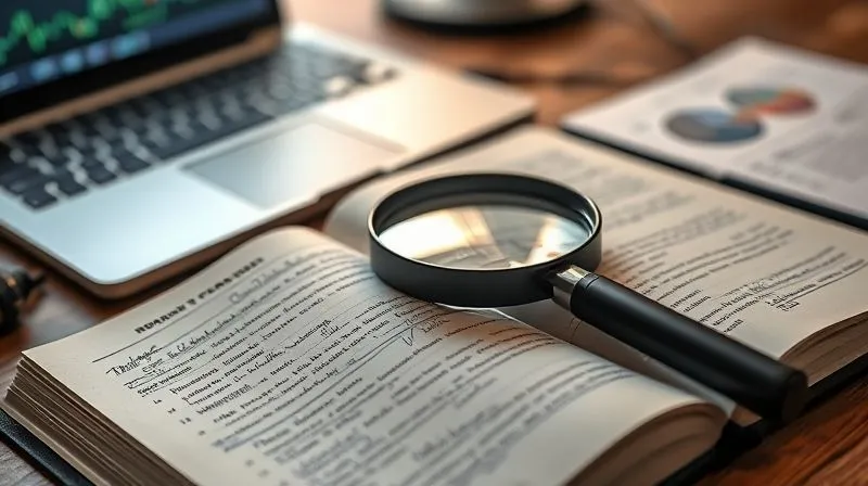 A photorealistic image of a detailed trading journal open on a desk, with handwritten notes and charts highlighted. A magnifying glass rests on a specific entry, indicating deep analysis. Professional photography, 8K, cinematic lighting, sharp focus on the journal, depth of field blurring a laptop in the background, shot on a high-end DSLR.