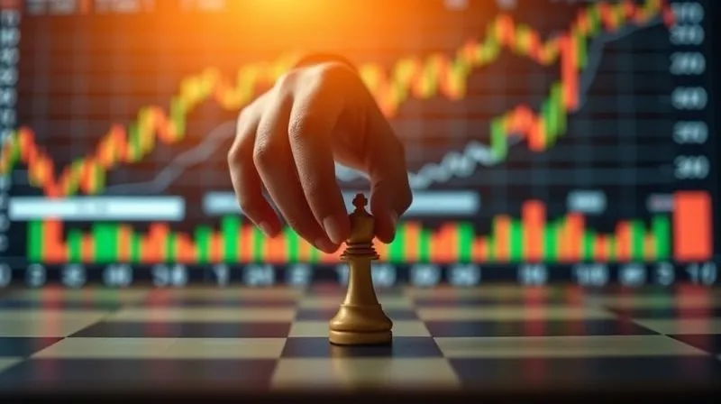 A photorealistic image showing a hand moving a small chess piece across a board, with the background subtly blurred to show a larger, complex financial chart on a screen. The lighting is soft and focused on the chess piece and hand, symbolizing strategic, measured steps. Professional photography, 8K, cinematic lighting, sharp focus, depth of field, shot on a high-end DSLR.