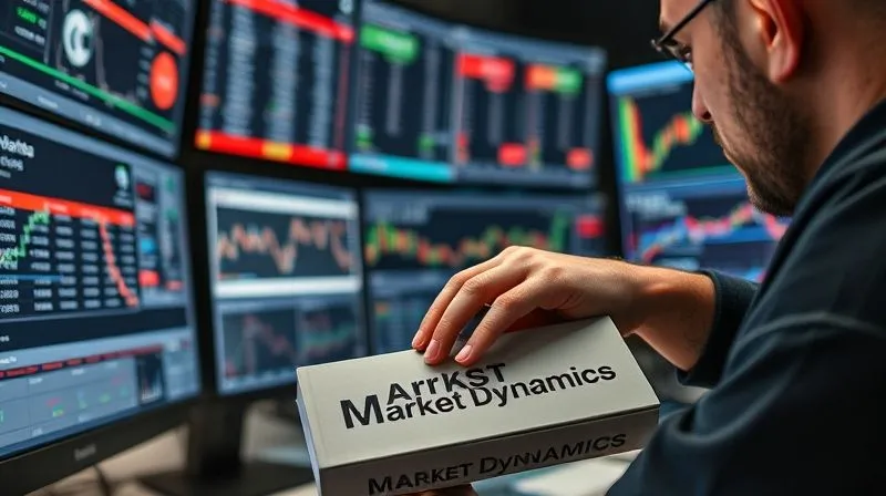 A photorealistic image of a trader deeply focused on multiple monitors displaying live financial news feeds, economic calendars, and real-time market data. A hand is subtly resting on a book titled 'Market Dynamics'. Professional photography, 8K, cinematic lighting, sharp focus on the screens and the book, depth of field blurring the background, shot on a high-end DSLR.