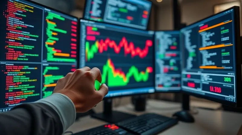A photorealistic image of a complex trading desk setup with multiple monitors displaying advanced algorithmic trading software. Code snippets and real-time data flow across screens. A hand is hovering over a mouse, ready to execute. Professional photography, 8K, cinematic lighting, sharp focus on the central screen, depth of field blurring the periphery, shot on a high-end DSLR.