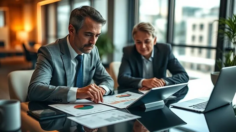 A photorealistic image of a financial advisor and a client at a desk, reviewing a complex financial plan laid out on a tablet, with charts and numbers visible, cinematic lighting, sharp focus on their expressions of thoughtful consideration, depth of field blurring a modern office background, 8K hyper-detailed.