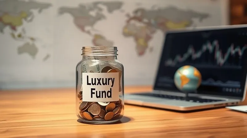 photorealistic, professional photography, 8K, cinematic lighting, sharp focus, depth of field, shot on a high-end DSLR. A clear glass jar labeled 'Luxury Travel Fund' overflowing with crisp banknotes and coins, sitting on a polished wooden desk next to a sleek laptop displaying a financial graph. In the background, a blurred map of the world and a small, elegant travel globe hint at future adventures. The lighting is warm and inviting.
