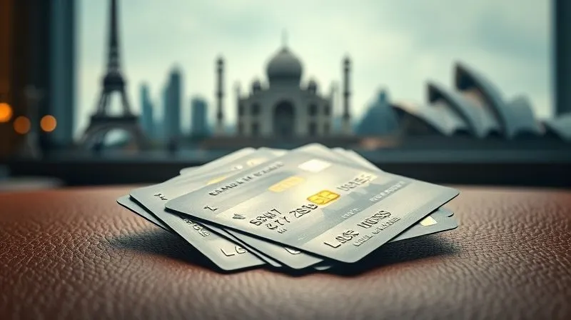 photorealistic, professional photography, 8K, cinematic lighting, sharp focus, depth of field, shot on a high-end DSLR. A collection of elegant, metallic credit cards fanned out on a luxurious leather surface, with a blurred backdrop of iconic international landmarks like the Eiffel Tower, Taj Mahal, and Sydney Opera House, subtly illuminated. The scene conveys sophistication and global travel possibilities.