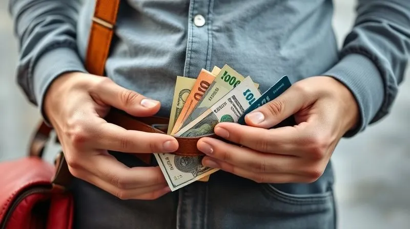 A photorealistic image of a traveler's hands carefully organizing different denominations of international currency and a credit card into a discreet money belt, with a blurred map of a foreign city in the background. Professional photography, 8K, cinematic lighting, sharp focus on the money belt and hands, depth of field, shot on a high-end DSLR, conveying preparedness and security.