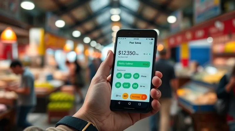 A photorealistic close-up of a traveler's hand holding a smartphone displaying a banking app with a healthy savings balance, juxtaposed against a blurred background of a bustling foreign market. Professional photography, 8K, cinematic lighting, sharp focus on the phone screen and hand, depth of field, shot on a high-end DSLR, conveying financial control and peace of mind during travel.