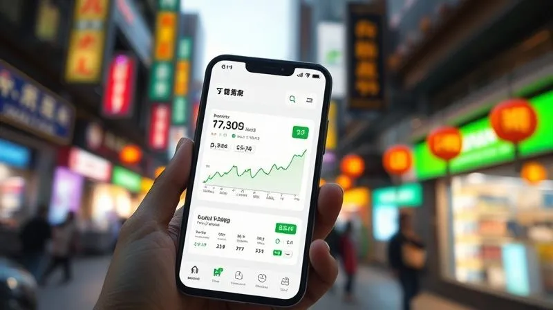 A photorealistic image of a sleek, modern smartphone interface displaying an automated investment dashboard with green upward-trending charts, set against a blurred background of a bustling Asian night market. Professional photography, 8K, cinematic lighting, sharp focus on the phone screen, depth of field blurring the market, shot on a high-end DSLR.