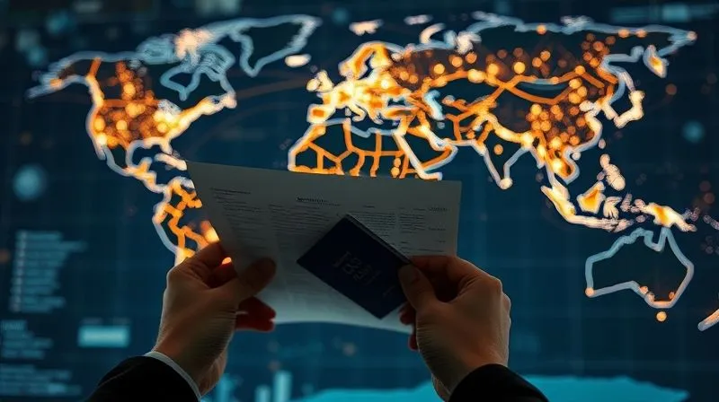 A photorealistic image of a detailed world map with glowing lines connecting various financial hubs, superimposed with subtle digital data streams and currency symbols. In the foreground, a pair of hands carefully reviewing complex tax documents and a passport. Professional photography, 8K, cinematic lighting, sharp focus on documents and hands, depth of field blurring the map, shot on a high-end DSLR.