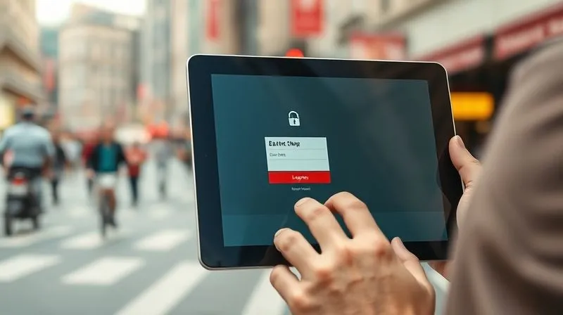 A photorealistic image of a traveler using a secure banking app on a tablet, with a vibrant, bustling street scene of a foreign city subtly blurred in the background. The tablet screen shows secure login prompts and encrypted data. Professional photography, 8K, cinematic lighting, sharp focus on the tablet and hands, depth of field blurring the city, shot on a high-end DSLR.