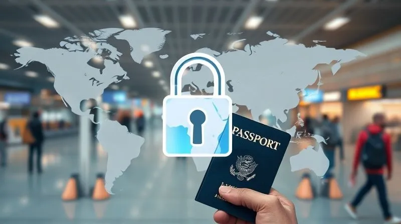 A photorealistic image of a secure, locked digital padlock icon overlaid on a world map, with a backpacker's hand holding a passport in the foreground. The background shows a bustling airport terminal. Professional photography, 8K, cinematic lighting, sharp focus on the padlock and passport, depth of field blurring the background, shot on a high-end DSLR.