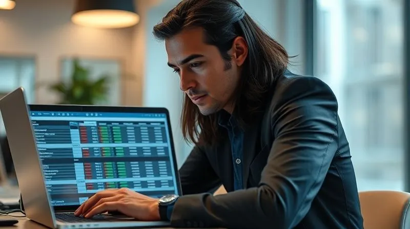 A photorealistic, professional photography, 8K, cinematic lighting, sharp focus, depth of field image of a professional (male or female) intently looking at a complex digital spreadsheet, perhaps a budget or financial projection, on a laptop. They appear focused and determined, with a sense of strategic planning. The background is a modern, minimalist office. Shot on a high-end DSLR.