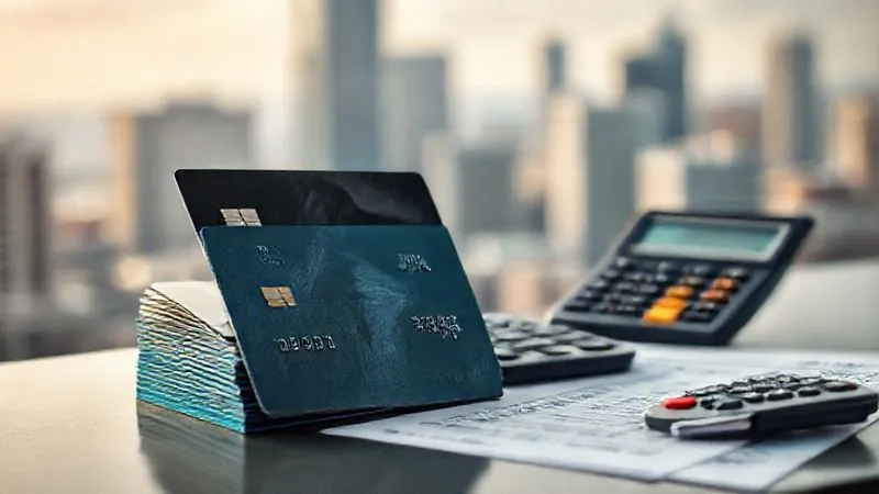 A photorealistic image of several credit cards neatly stacked but with one prominent card showing a '0% APR' label, while a calculator and a financial plan document are in sharp focus next to them. The background is a blurred cityscape, conveying a sense of strategic financial planning amidst professional life. Cinematic lighting, sharp focus, depth of field, 8K hyper-detailed.