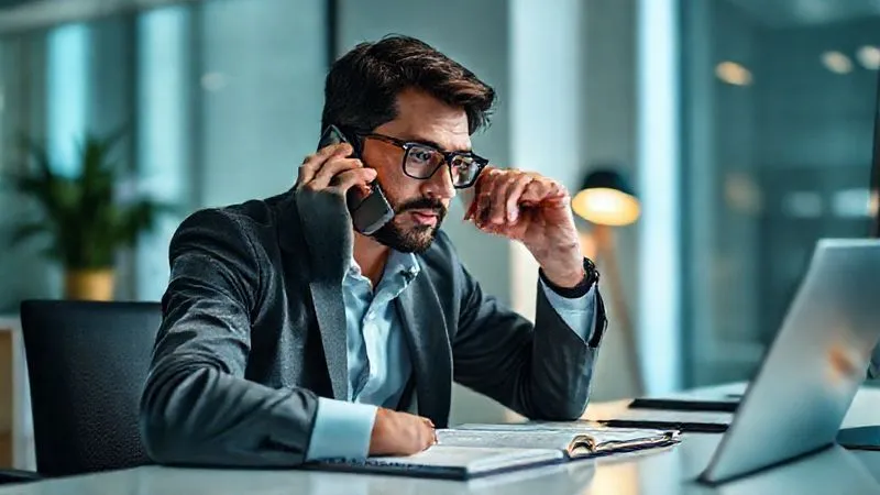 A photorealistic image of a professional, dressed in business casual, on a phone call, looking focused and organized, with a notepad and pen on a clean desk. The lighting is soft and encouraging, emphasizing determination. 8K, cinematic lighting, sharp focus, depth of field, shot on a high-end DSLR.