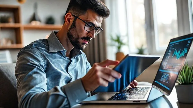 A photorealistic image of a focused professional meticulously reviewing financial data on a sleek tablet, with a laptop open displaying charts and graphs in the background. The scene is set in a modern home office with natural light, emphasizing control and clarity. 8K, cinematic lighting, sharp focus, depth of field, shot on a high-end DSLR.