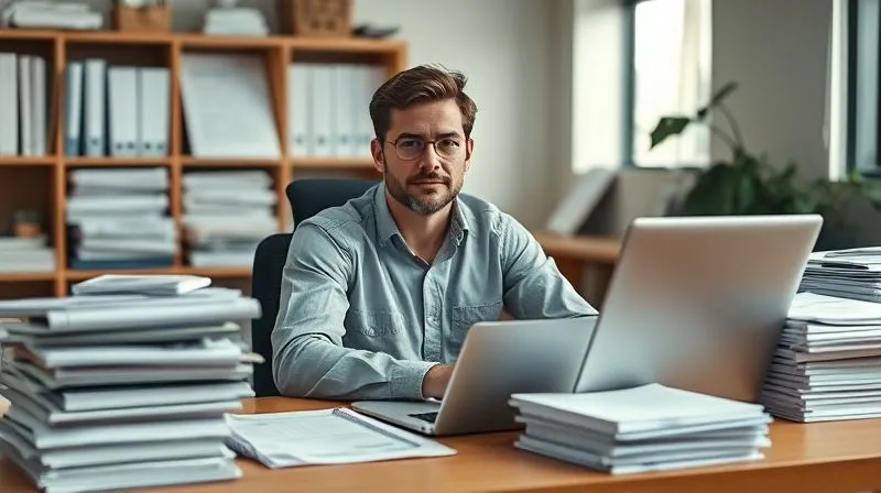 photorealistic, professional photography, 8K, cinematic lighting, sharp focus, depth of field, shot on a high-end DSLR. A person sitting at a desk, surrounded by organized stacks of financial documents and a laptop displaying a spreadsheet, looking determined but calm, symbolizing financial organization after a crisis.