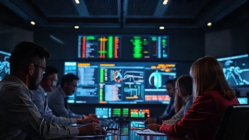 A photorealistic, professional photography shot of a diverse group of cybersecurity and banking professionals intensely gathered around a large, illuminated digital incident response dashboard in a secure control room. The atmosphere is tense but focused, with data visualizations flashing on screens. Cinematic lighting, sharp focus on the faces and screens, depth of field blurring the background. 8K hyper-detailed, capturing the urgency of a crisis.