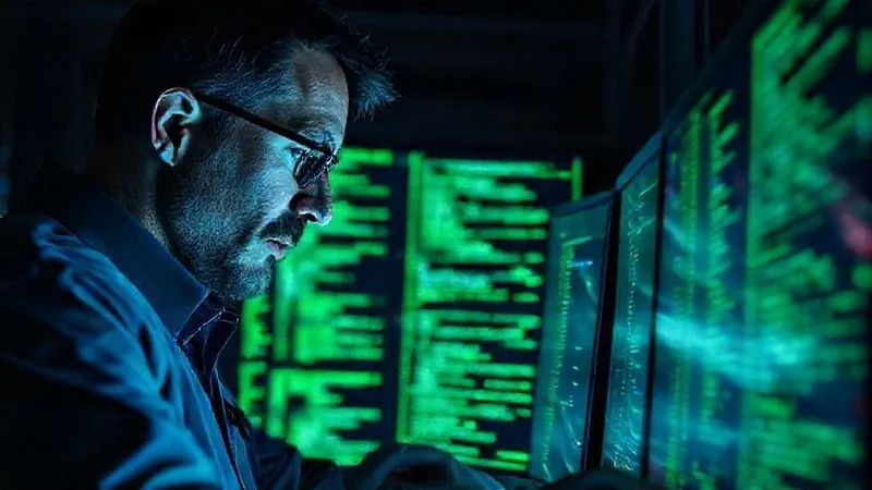A photorealistic, professional photography shot of a forensic cybersecurity analyst meticulously examining lines of complex code and log data on multiple screens in a dark, focused environment. The screens glow with green and blue text, reflecting on their face. Sharp focus on the analyst and screens, depth of field blurring the background of server racks. 8K hyper-detailed, conveying deep technical investigation.