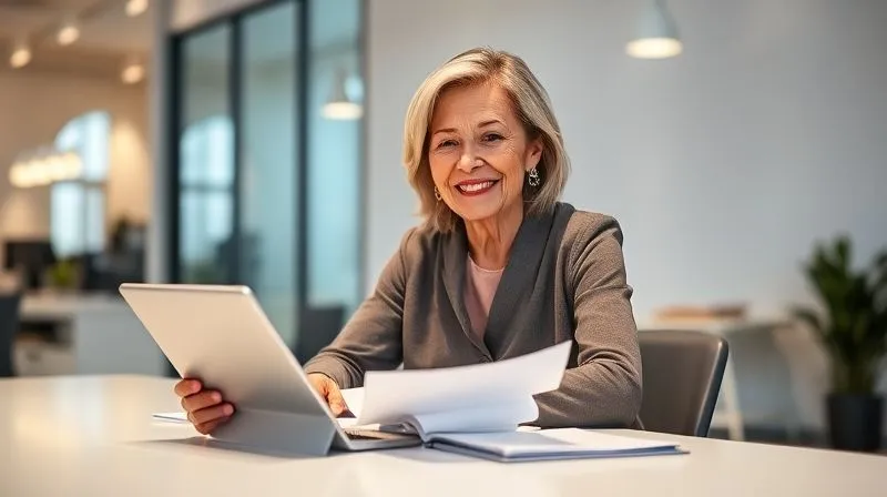 A photorealistic image of a woman, around 60, smiling confidently while reviewing documents at a clean, modern desk. A tablet displays a financial graph in the background. Soft, natural lighting, sharp focus on the woman, depth of field blurring the background, professional photography, 8K hyper-detailed.