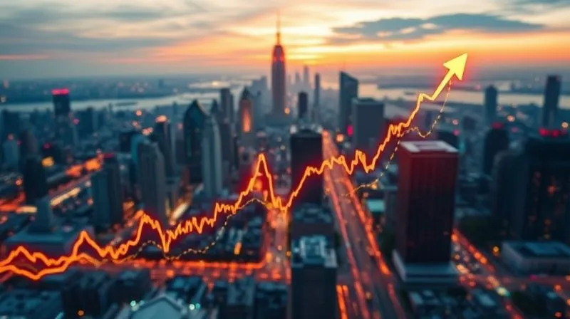 A photorealistic image of a vibrant, upward-trending stock market graph overlaid on a serene, futuristic cityscape at dawn, symbolizing growth and opportunity. Cinematic lighting, sharp focus on the graph, depth of field blurring the city, 8K hyper-detailed, professional photography.