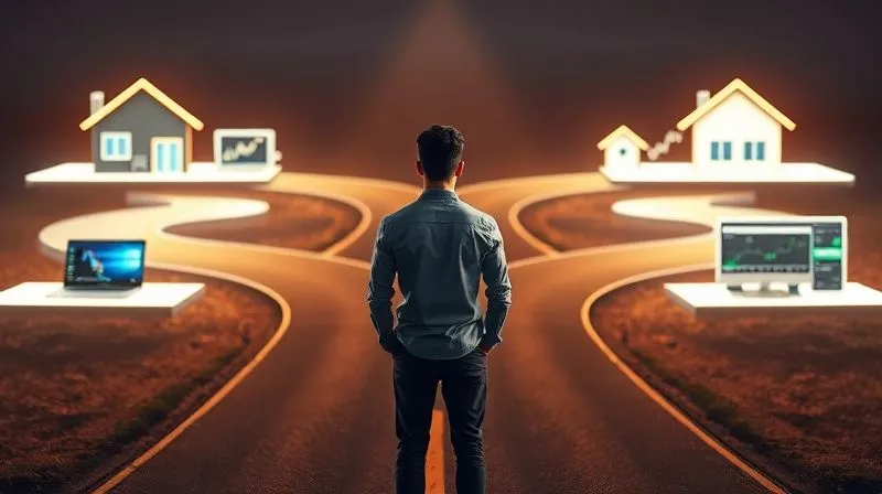 A photorealistic image of a person standing at a financial crossroads, with multiple illuminated paths diverging into different income streams: a laptop for freelancing, a house for real estate, a stock market ticker, and a creative studio. Cinematic lighting, sharp focus on the person, depth of field blurring the background, 8K hyper-detailed, professional photography.
