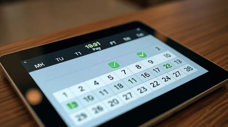 A photorealistic close-up of a digital calendar on a tablet screen, with every single day of the month marked with a green checkmark, symbolizing perfect on-time payments. The screen glows softly in a professional office setting. professional photography, 8K, cinematic lighting, sharp focus, depth of field, shot on a high-end DSLR.