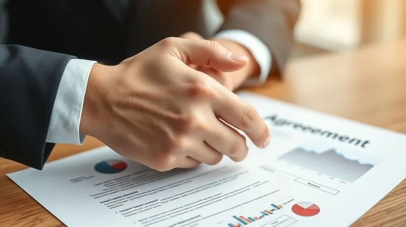 A photorealistic image of two hands shaking firmly over a stylized loan agreement document, with subtle financial graphs visible in the blurred background, symbolizing trust, agreement, and financial partnership. The lighting is warm and professional. professional photography, 8K, cinematic lighting, sharp focus, depth of field, shot on a high-end DSLR.