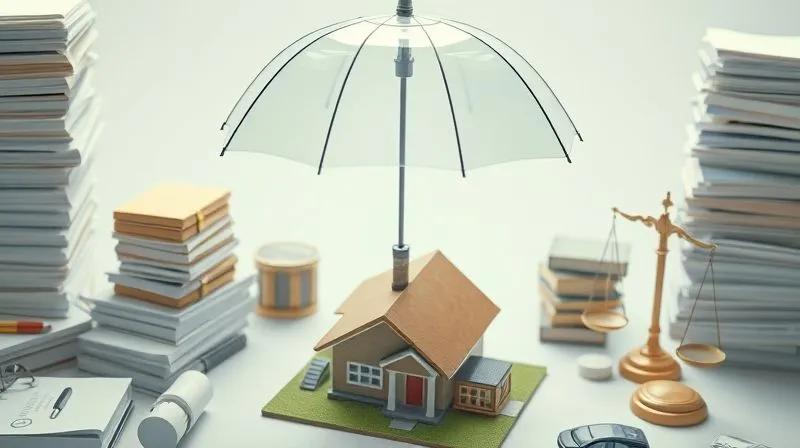 A photorealistic, high-angle shot of a miniature model house and car, surrounded by towering stacks of legal documents and scales of justice, all dwarfed by a giant, transparent umbrella hovering protectively above them. Cinematic lighting highlights the fragility of the assets without the umbrella. Professional photography, 8K, sharp focus, depth of field, shot on a high-end DSLR.