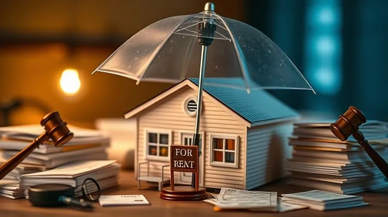 A photorealistic, detailed image of a miniature rental property (like a duplex or small apartment building) with a tiny 'For Rent' sign, surrounded by miniature legal gavels and stacks of eviction notices. A large, transparent umbrella casts a protective glow over the entire scene. Professional photography, 8K, cinematic lighting, sharp focus on the property, depth of field, shot on a high-end DSLR.