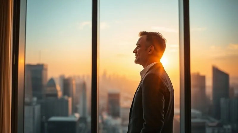 A photorealistic image of a CEO standing at a large office window, looking out over a city skyline at dawn, with a calm, assured expression. The light is soft and golden, suggesting peace and clarity. Professional photography, 8K, cinematic lighting, sharp focus on the CEO's profile, depth of field, shot on a high-end DSLR.