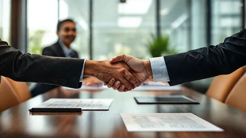 A photorealistic image of two diverse business individuals shaking hands across a table, with legal documents and a pen visible, symbolizing a successful negotiation or agreement. The setting is a modern office, with soft, professional lighting. 8K, cinematic lighting, sharp focus on the handshake, depth of field, shot on a high-end DSLR.