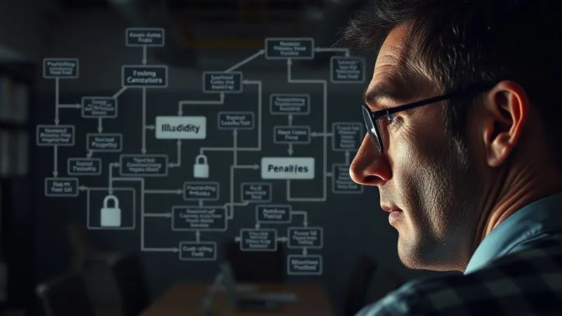 Photorealistic image of a person staring at a complex financial flowchart with various paths leading to locked doors labeled 'Illiquidity' and 'Penalties', with a look of growing concern. The background is a dimly lit office. Cinematic lighting, sharp focus on the flowchart, depth of field blurring the office. 8K hyper-detailed, shot on a high-end DSLR.