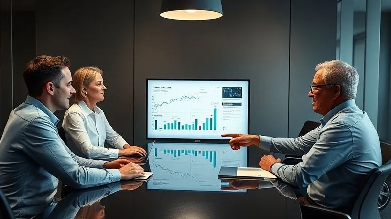 photorealistic, professional photography, 8K, cinematic lighting, sharp focus, depth of field, shot on a high-end DSLR. A diverse group of affluent clients (a tech entrepreneur, a doctor, a retired couple, a young family) are seated around a modern conference table, attentively listening to a professional financial advisor who is pointing at a digital display showing a personalized financial plan. The advisor is making eye contact with different clients, showing personalized attention. The atmosphere is collaborative and trustworthy.